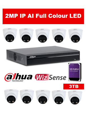 10 x 2MP Dahua Full Colour IP Camera with 16 Channel NVR and 3TB HDD