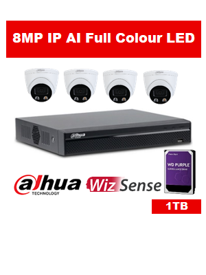 4 x 8MP Dahua Full Colour IP Camera with 4 Channel NVR and 1TB HDD